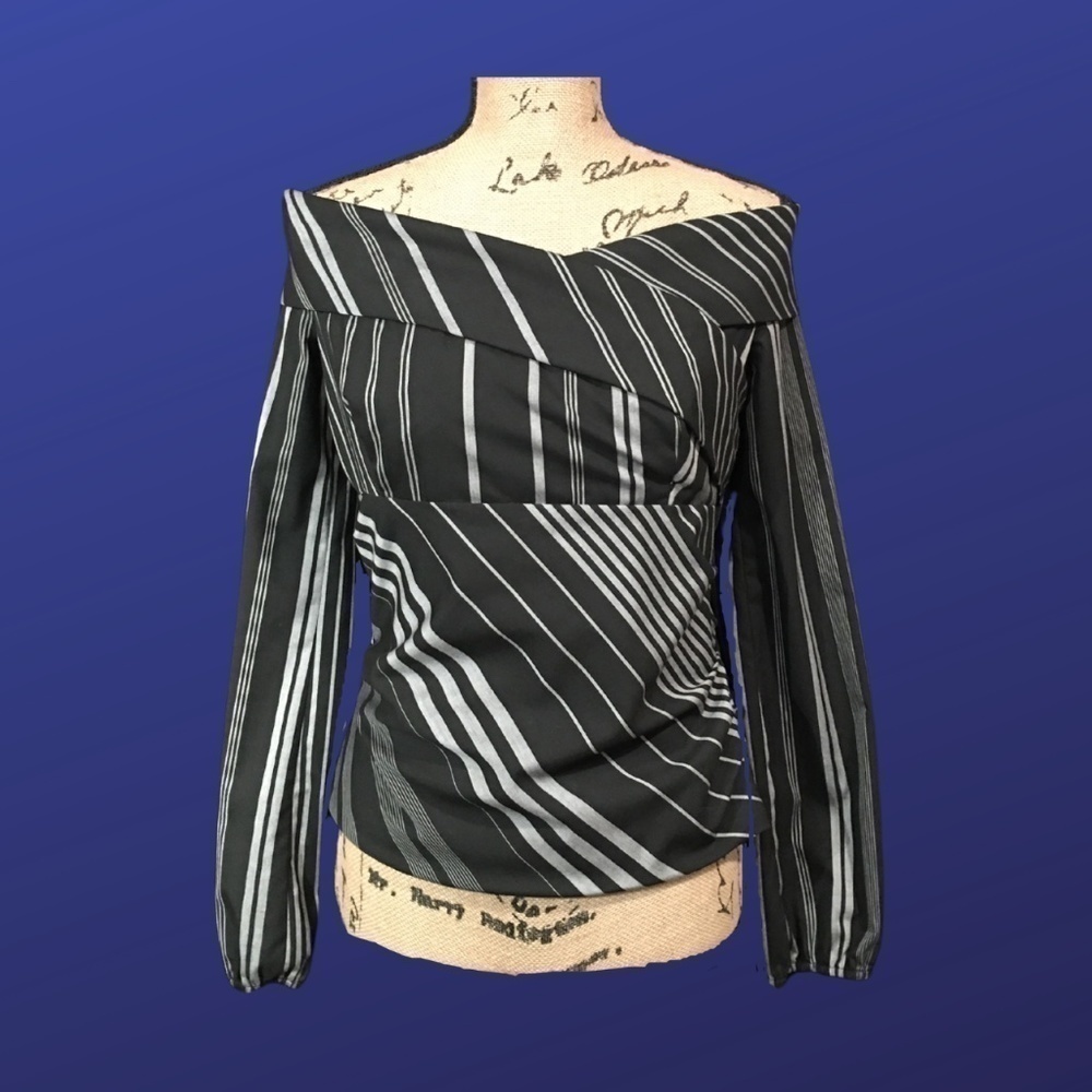INTERMIX “Tonya” Off Shoulder Surplice Wrap Top, BLACK/GRAY STRIPE, Size M, NWOT